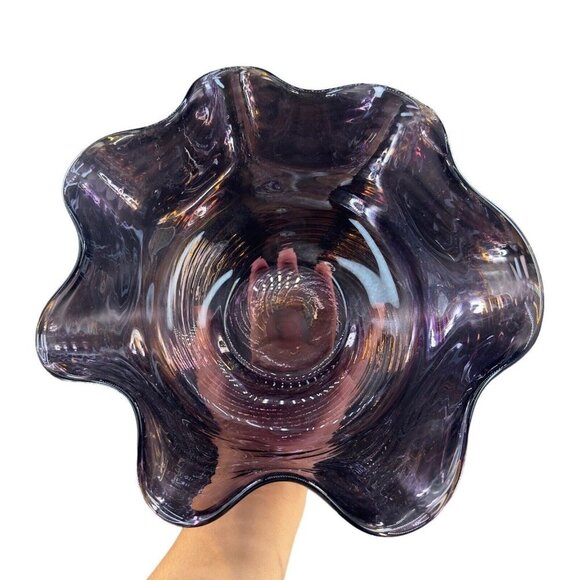Hand Blown Chrome Iridescent Purple Art Glass Bowl Dish Ruffled Edge Large Bowl - Picture 14 of 16